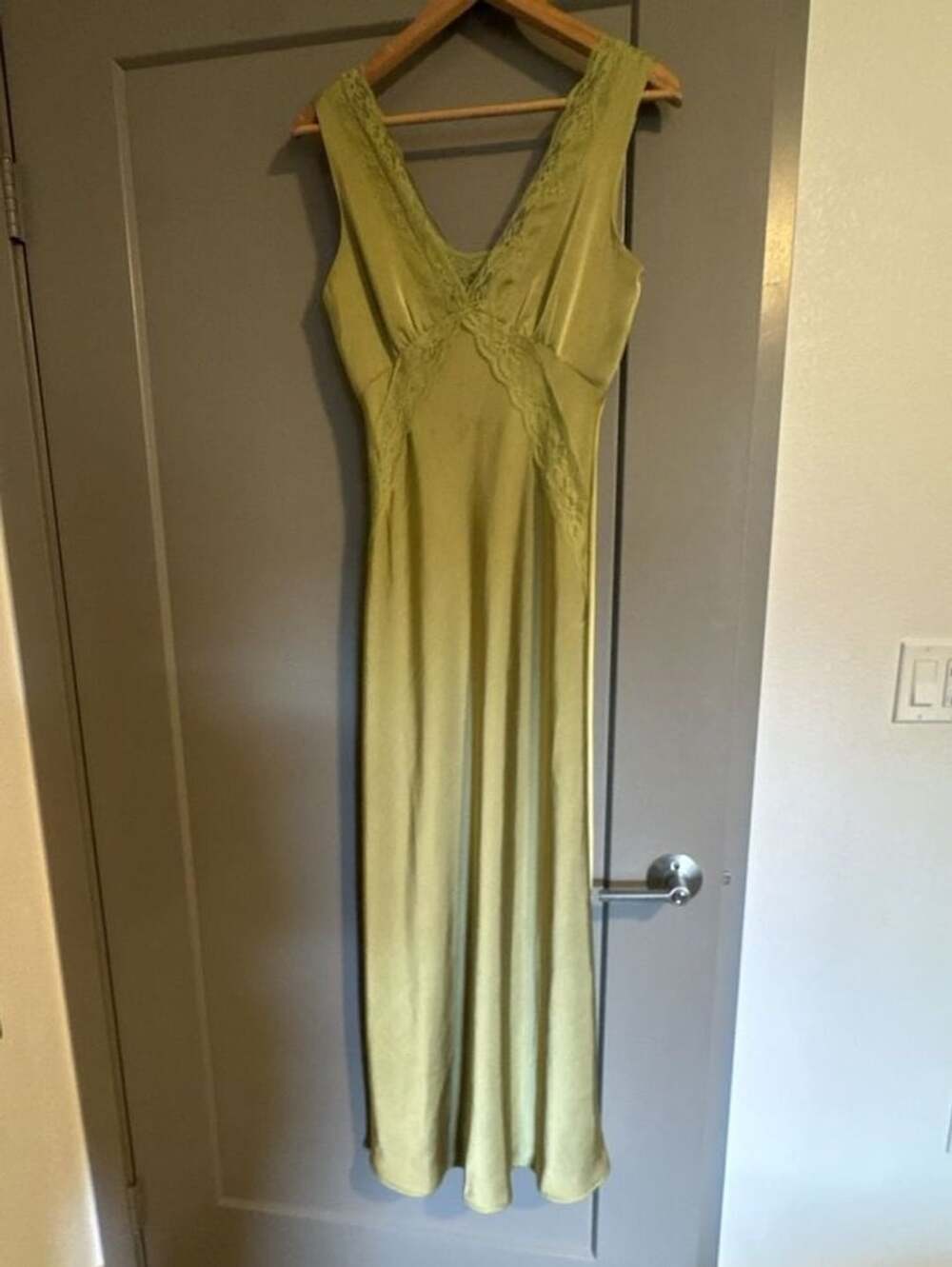 Sincerely Jules Olive Green Satin Lace Trim Maxi Dress